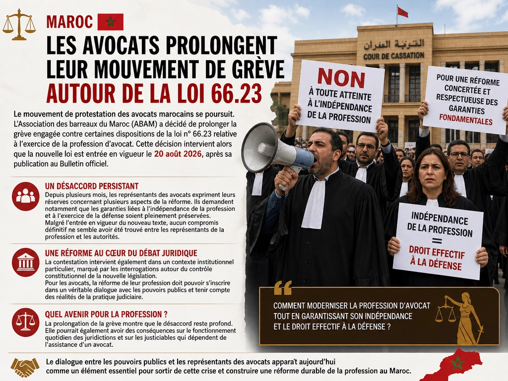 ⚖️ Maroc : les avocats prolongent leur mouvement de grève autour de la loi 66.23